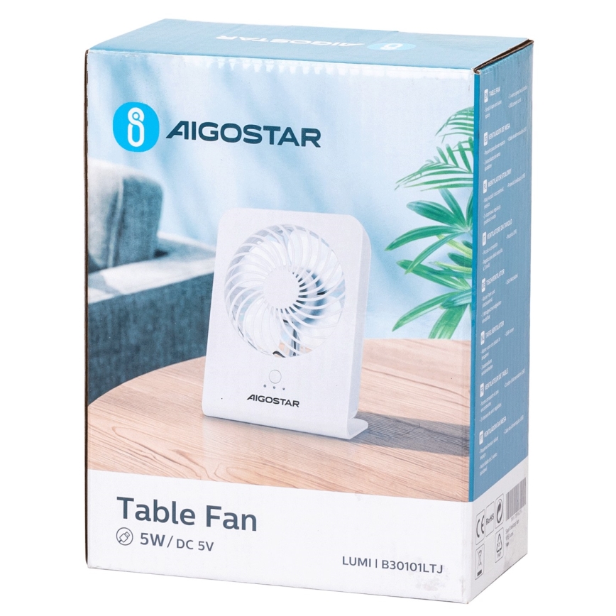 Aigostar - Stoni ventilator 5W/5V bela