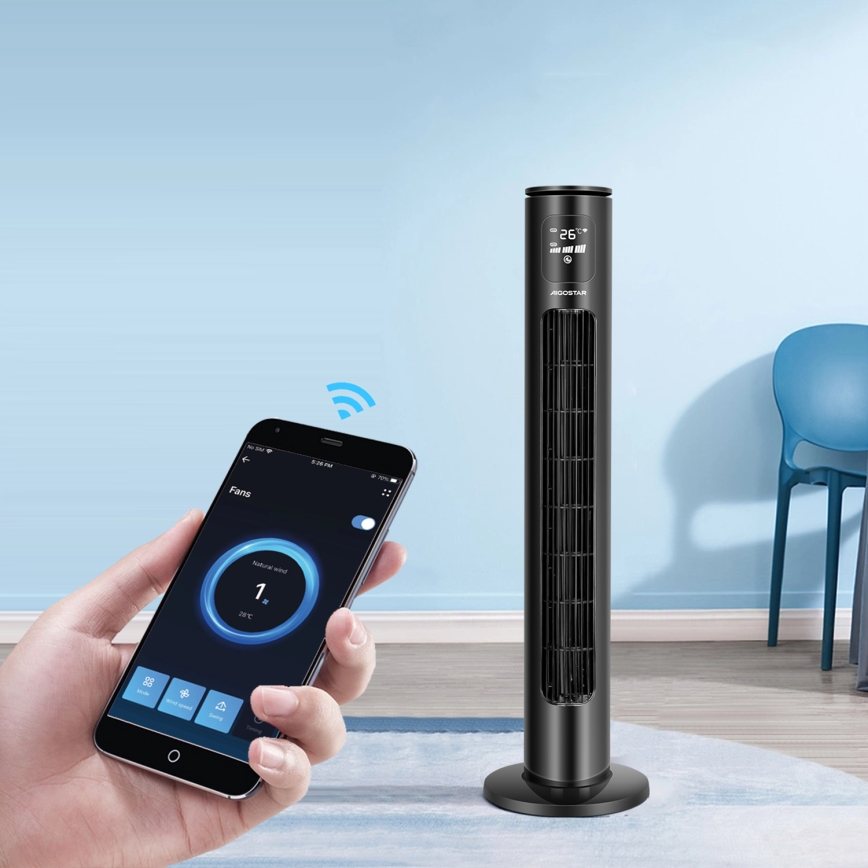 Aigostar - Stubni ventilator 50W/230V crno Wi-Fi + Daljinski upravljač