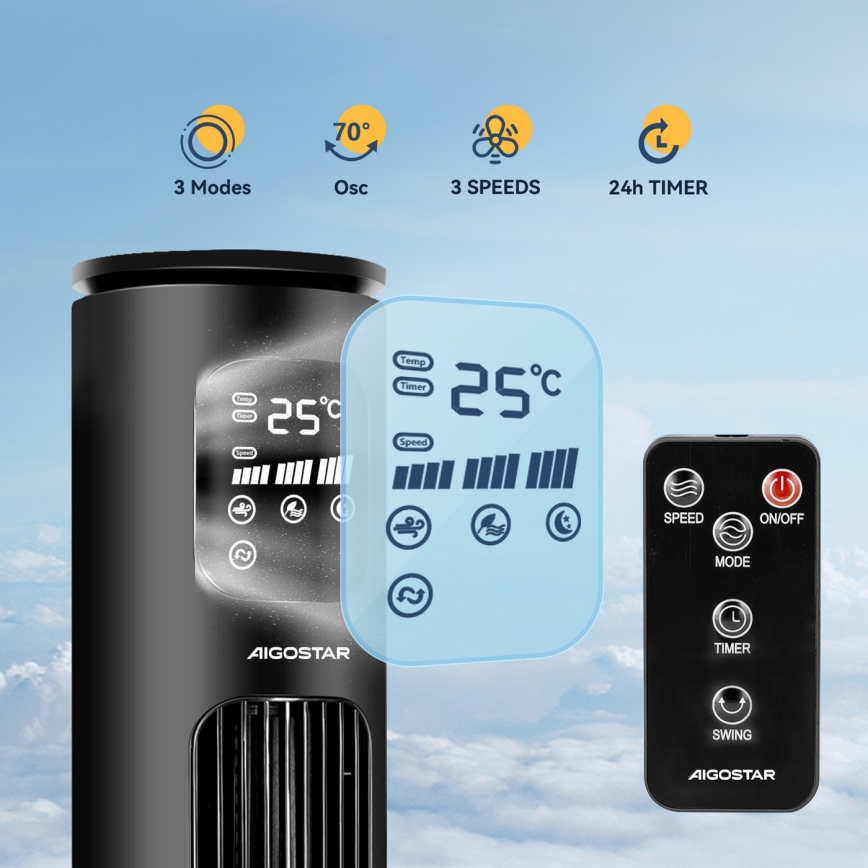 Aigostar - Stubni ventilator 50W/230V crno Wi-Fi + Daljinski upravljač