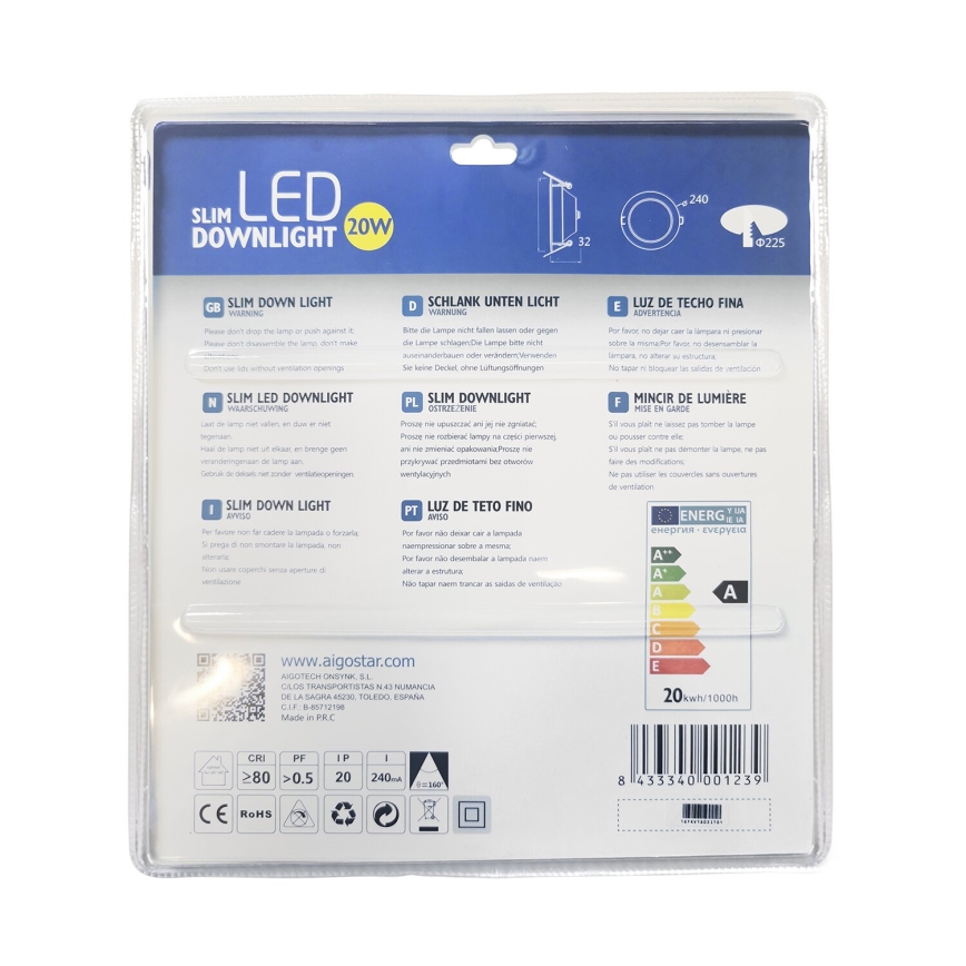 Aigostar - ULTRATHIN ugradno LED svetlo/20W/230V 3000K mat hrom
