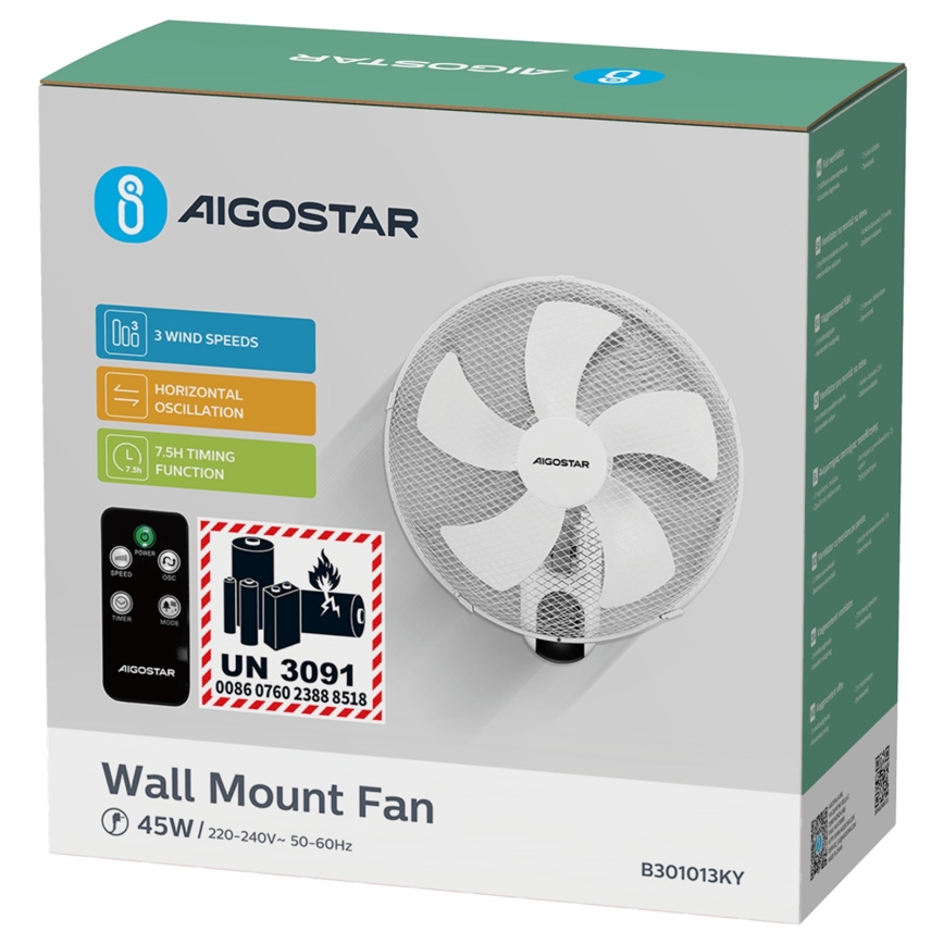 Aigostar -  Zidni ventilator 45W/230V bela + Daljinski upravljač