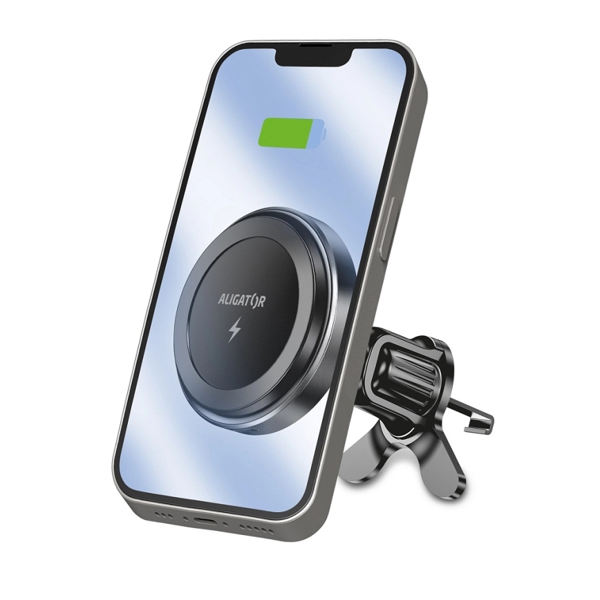 Aligator AMS05BK - Magnetni držač telefona za auto sa bežičnim Qi punjenjem 15W i MagSafe, crna