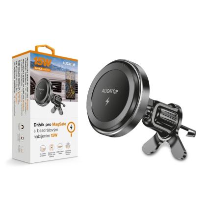 Aligator AMS05BK - Magnetni držač telefona za auto sa bežičnim Qi punjenjem 15W i MagSafe, crna