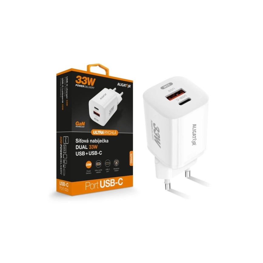 Aligator CHPD0020 - Brzi GaN adapter Power Delivery 33W USB-A + USB-C, bela