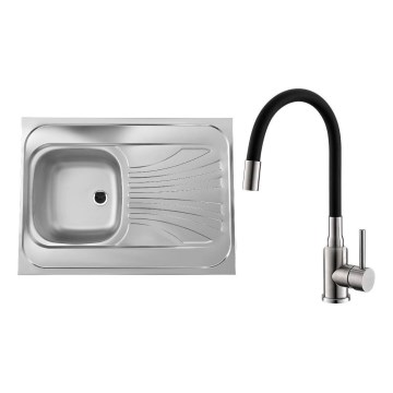 ALVEUS SETA24019 - Kuhinjska sudopera CLASSIC 80x60 cm + slavina za sudoperu sa fleksibilnim izlivom MINTAS 34 cm, brušeni nerđajući čelik/crna