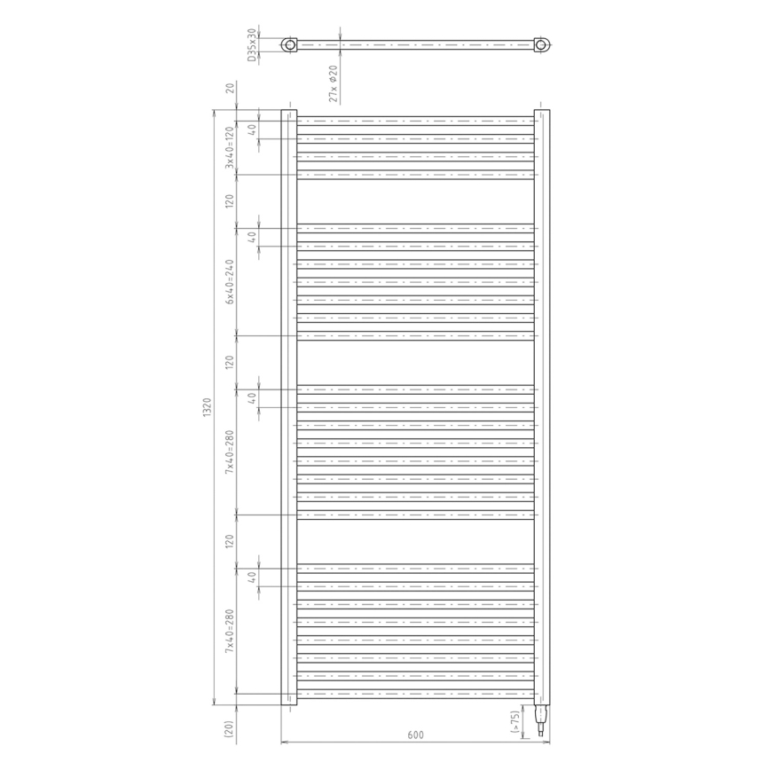 Aqualine - električni za kupatilo radijator DIRECT-E 600W/230V 132 cm matirana crno ravne