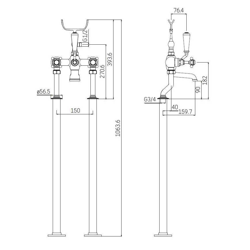 BATH DELUXE 28-108-01-60-00 - Samostojeći set za kadu sa baterijom AEROSKOBING, 106,3 cm, sjajni hrom