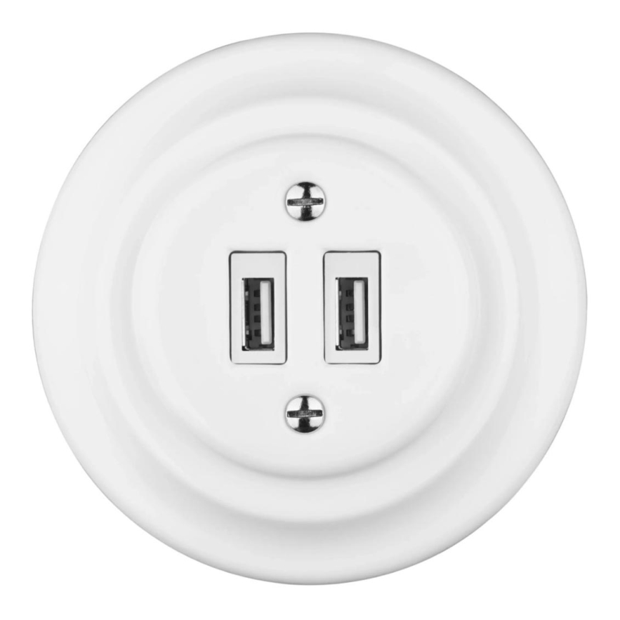Bohemia-Design - Porcelanska retro USB utičnica za napajanje sa ramom, 2x USB-A, bela