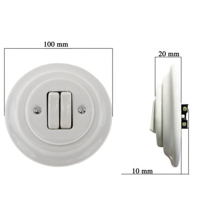 Bohemia-Design - Porcelanski retro dvostruki prekidač sa ramom br. 5, beo