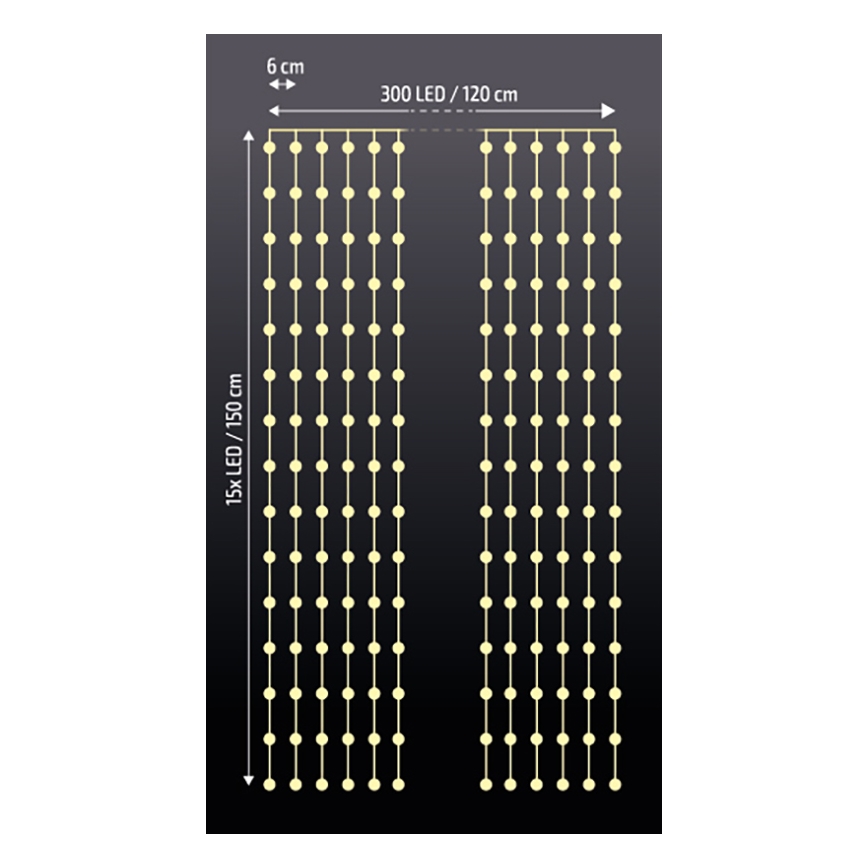 Brilagi - LED božićna zavesa 300xLED/8 funkcija/3xAA/USB 1,2m topla bela