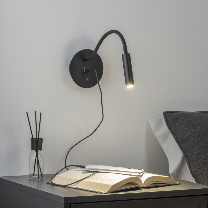 Brilagi - LED Fleksibilna zidna lampa sa USB portom MAYA LED/3W/230V 4000K crno
