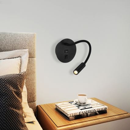 Brilagi - LED Fleksibilna zidna lampa sa USB portom MAYA LED/3W/230V 4000K crno