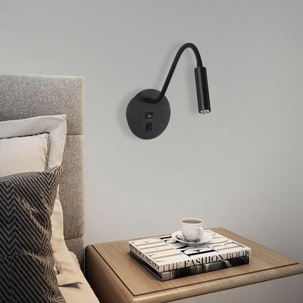 Brilagi - LED Fleksibilna zidna lampa sa USB portom MAYA LED/3W/230V 4000K crno