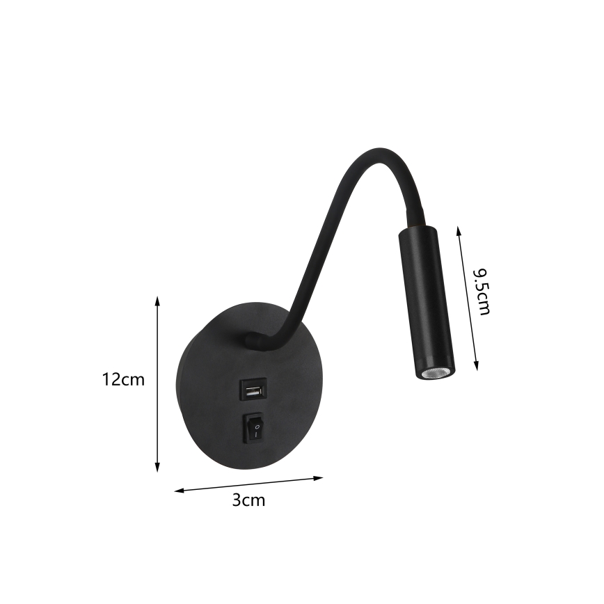 Brilagi - LED Fleksibilna zidna lampa sa USB portom MAYA LED/3W/230V 4000K crno