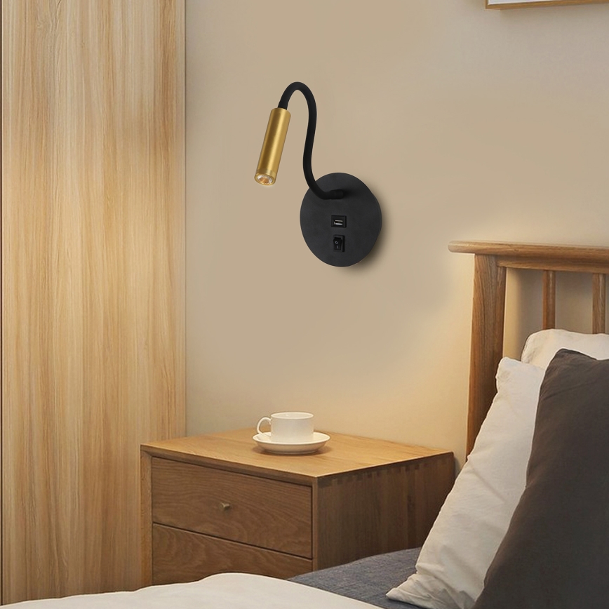 Brilagi - LED Fleksibilna zidna lampa sa USB portom MAYA LED/3W/230V 4000K crno/zlatna