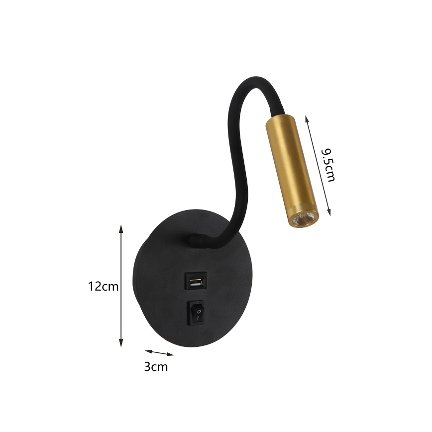 Brilagi - LED Fleksibilna zidna lampa sa USB portom MAYA LED/3W/230V 4000K crno/zlatna