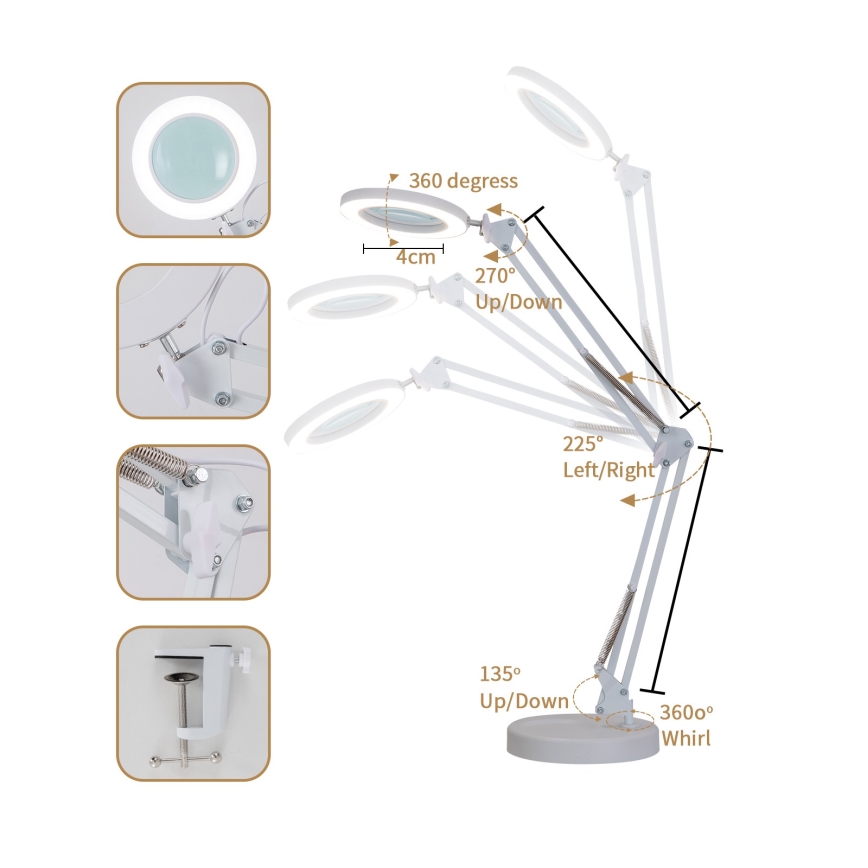 Brilagi - LED prigušiva stona lampa sa lupom LENS LED/12W/5V 3000/4200/6000K bela