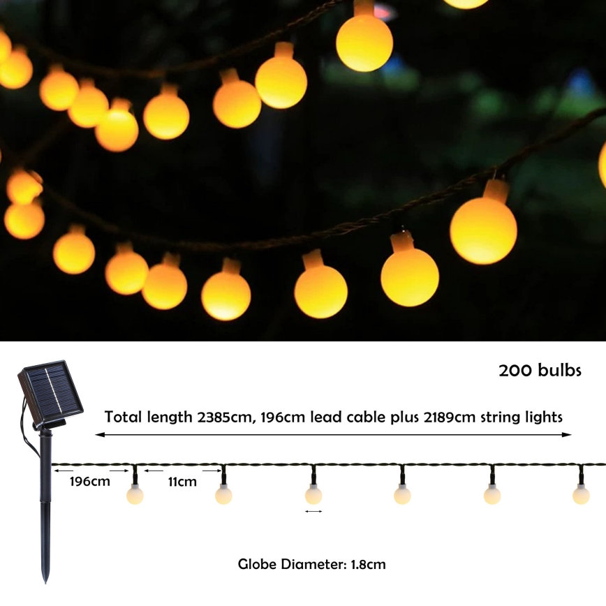 Brilagi - LED Solarni dekorativni lanac BUBBLE 200xLED/8 funkcije 20m IP65 topla bela