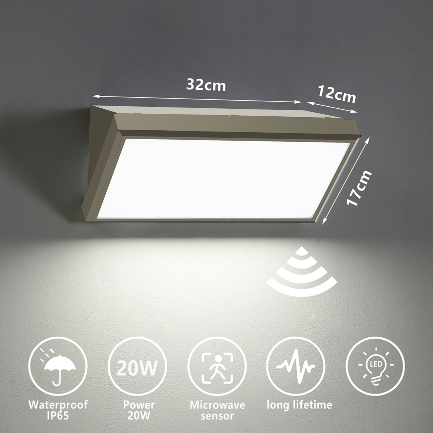 Brilagi - LED Zidno spoljašnje osvetljenje sa senzorom TRIANGLE LED/20W/230V sivo IP65