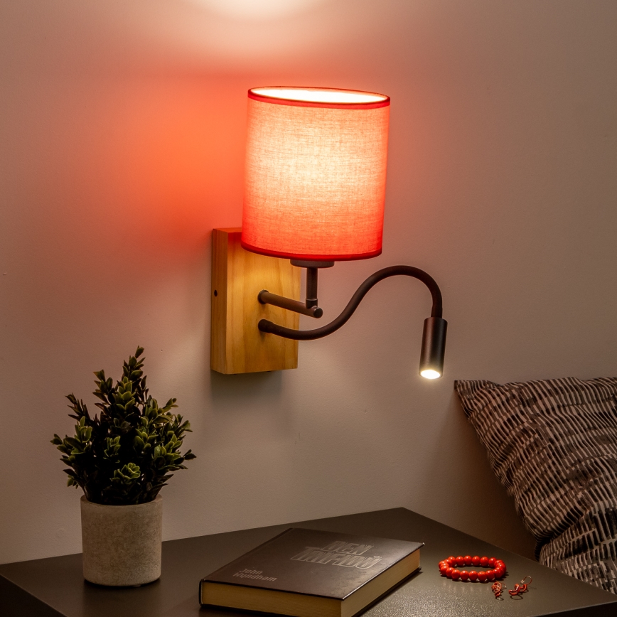 Brilagi - LED Fleksibilna zidna lampa NUBILA WOOD 1xE27/25W/230V + LED/3W hrast/crveno