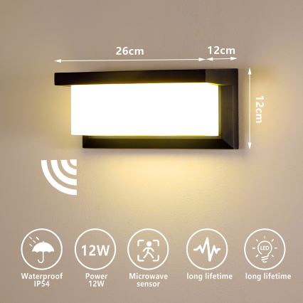 Brilagi - LED Zidno spoljašnje osvetljenje sa senzorom BRICKY LED/12W/230V crno IP54
