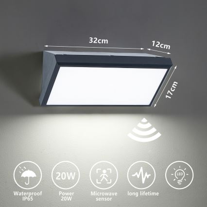 Brilagi - LED Zidno spoljašnje osvetljenje sa senzorom TRIANGLE LED/20W/230V Antracit IP65