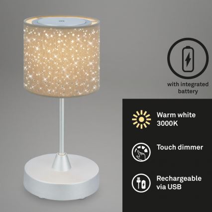 Brilo - LED prigušiva punjiva spoljna stona lampa LOLE LED/3W/5V 2000mAh IP44 srebrna/bež