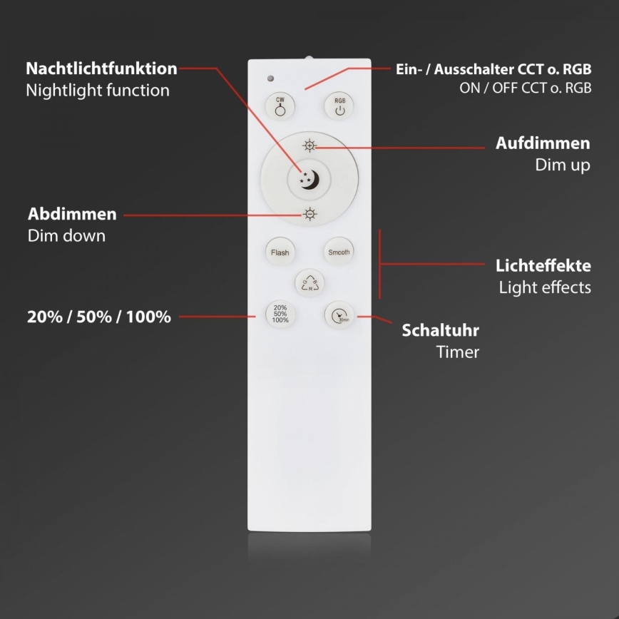 Briloner 3709-015 - LED RGBW Prigušiva plafonjera LED/22W/230V 4000K pr. 38 cm crno + Daljinski upravljač