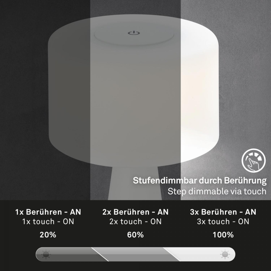Briloner 7420016 - LED Prigušiva punjiva dodirna vanjska stona lampa LED/4W/5V IP44 3000K bela
