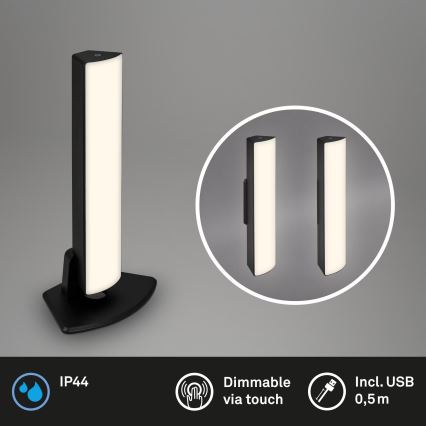 Briloner 7474-015 - LED Prigušiva dodirna punjiva vanjska stona lampa 2u1 LED/7W/5V 2x2200 mAh USB 3000K IP44 crno
