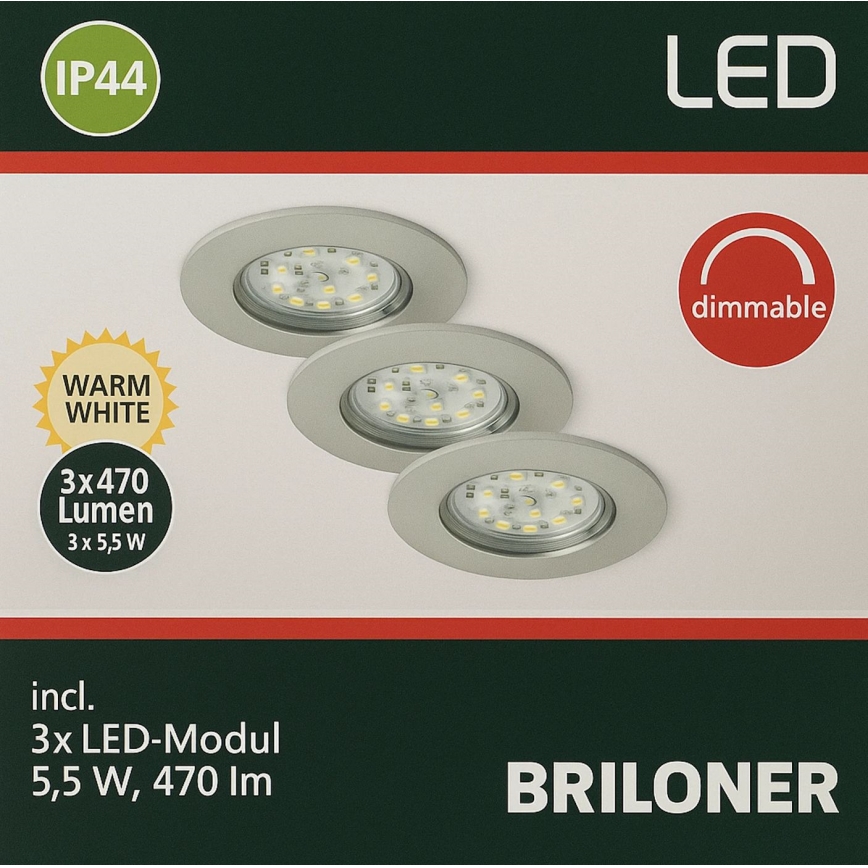 Briloner - Set 3x LED Prigušiva ugradbena lampa za kupatilo LED/5,5W/230V IP44
