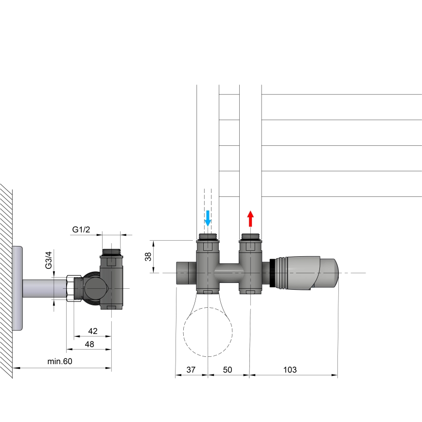 Bruckner - Termostatski priključni komplet za središnje priključenje WICHER COMBI, mat crne boje