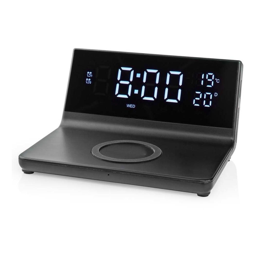 Budilnik sa LCD ekranom i bežičnim punjačem 15W/230V + 1xCR2032 crno