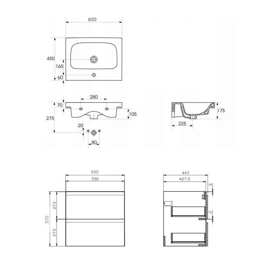 Cersanit S801-223-DSM - Zidni kupatilski ormarić sa umivaonikom MODUO 60x45 cm sjajna bela