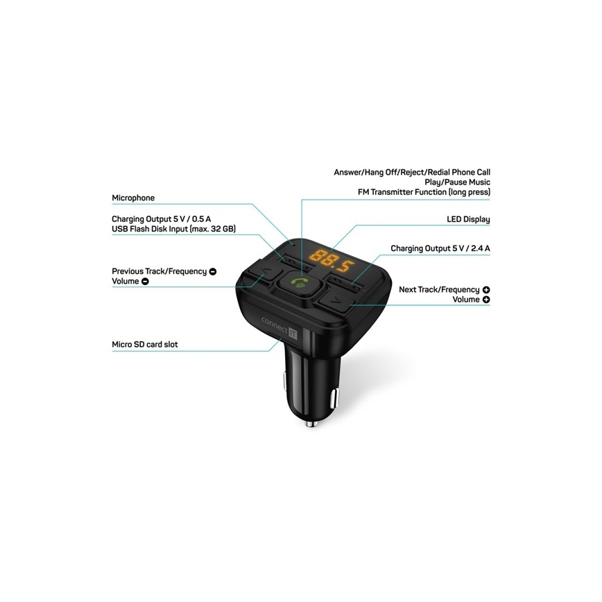CONNECT IT CCC-8600-BK - FM transmiter za auto sa handsfree funkcijom crno