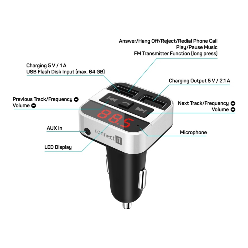 CONNECT IT CCC-8800-SL - FM transmiter za auto sa handsfree funkcijom crno/srebrno