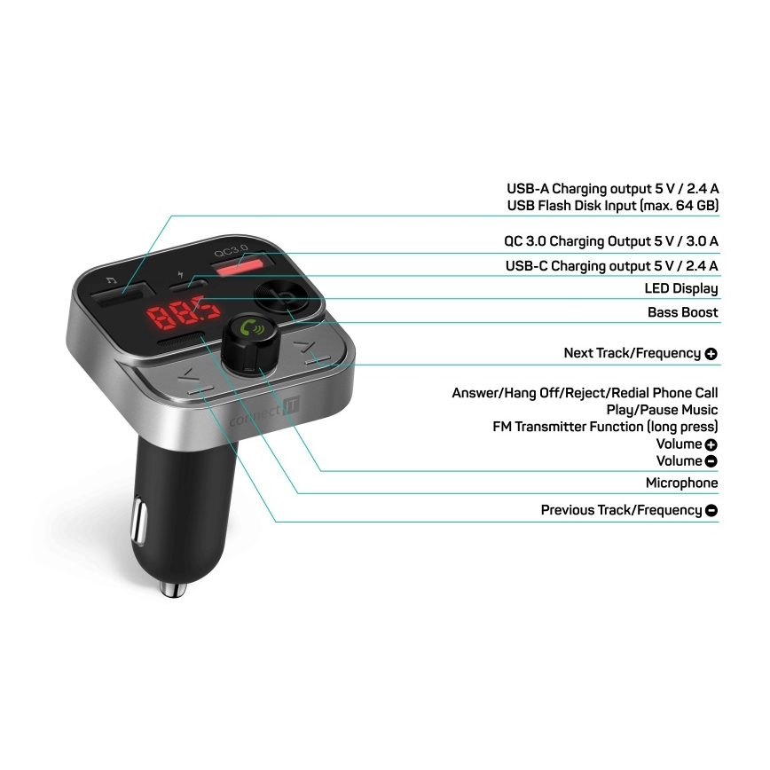 CONNECT IT CCC-8900-AN - FM transmiter za auto sa handsfree funkcijom crno/srebrno