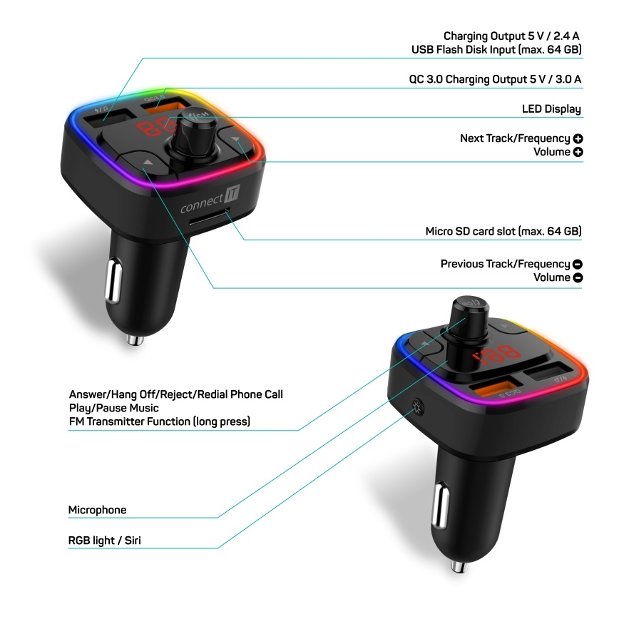 CONNECT IT CCC-9090-BK - LED RGB FM predajnik za automobil sa handsfree funkcijom, crna