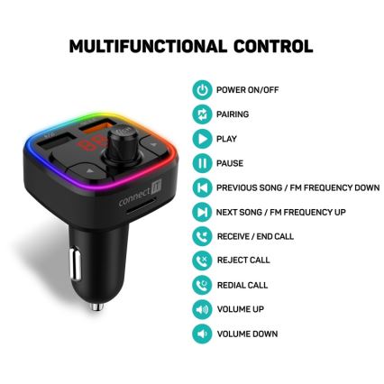 CONNECT IT CCC-9090-BK - LED RGB FM predajnik za automobil sa handsfree funkcijom, crna