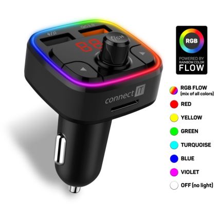 CONNECT IT CCC-9090-BK - LED RGB FM predajnik za automobil sa handsfree funkcijom, crna