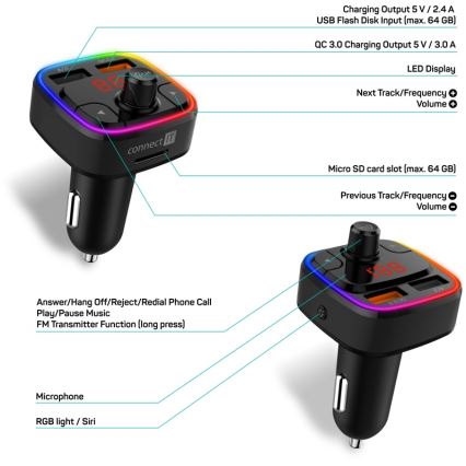 CONNECT IT CCC-9090-BK - LED RGB FM transmiter za auto sa handsfree funkcijom crno