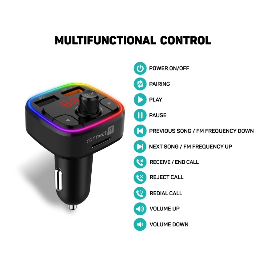 CONNECT IT CCC-9090-BK - LED RGB FM transmiter za auto sa handsfree funkcijom crno