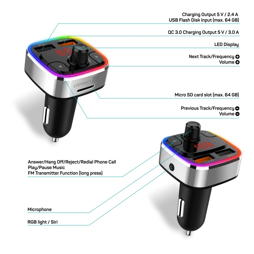 CONNECT IT CCC-9090-SL - LED RGB FM transmiter za auto sa handsfree funkcijom crno/srebrno
