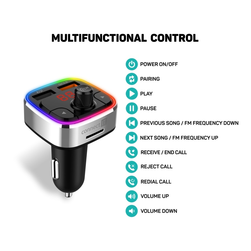 CONNECT IT CCC-9090-SL - LED RGB FM transmiter za auto sa handsfree funkcijom crno/srebrno