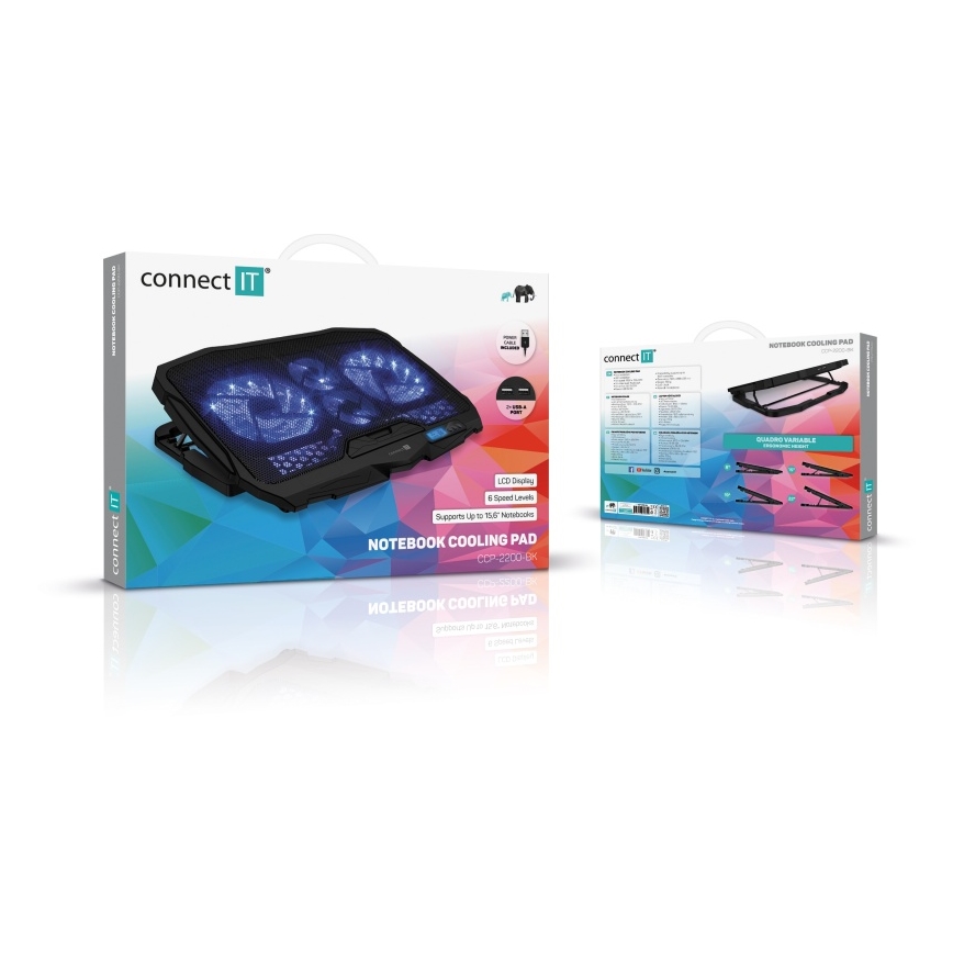 CONNECT IT CCP-2200-BK - Podloga za hlađenje laptopa 4x ventilator 2xUSB crno//plava