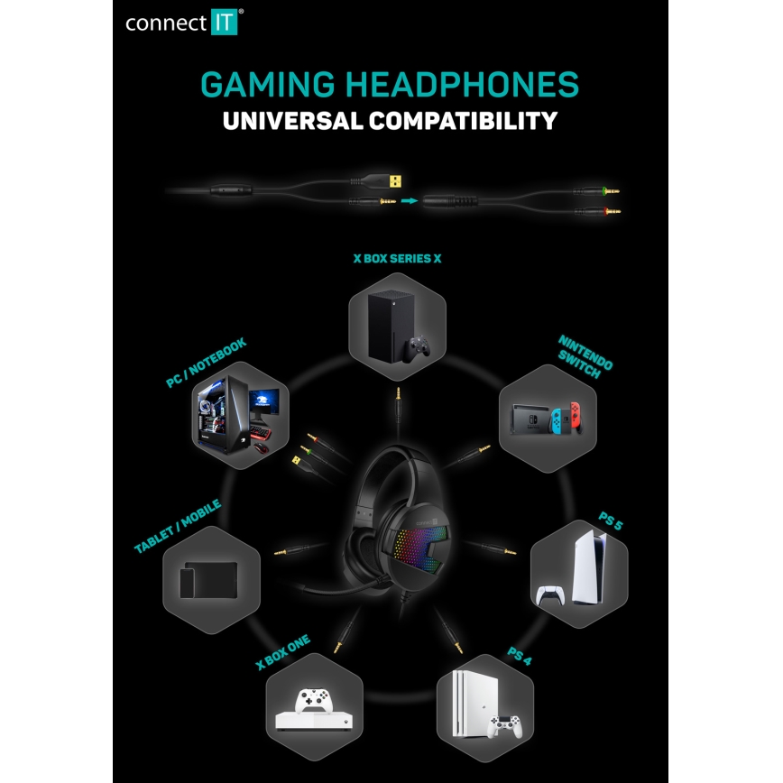 CONNECT IT CHP-3595-WH - LED RGB gejmerske žične slušalice sa mikrofonom bele/crne