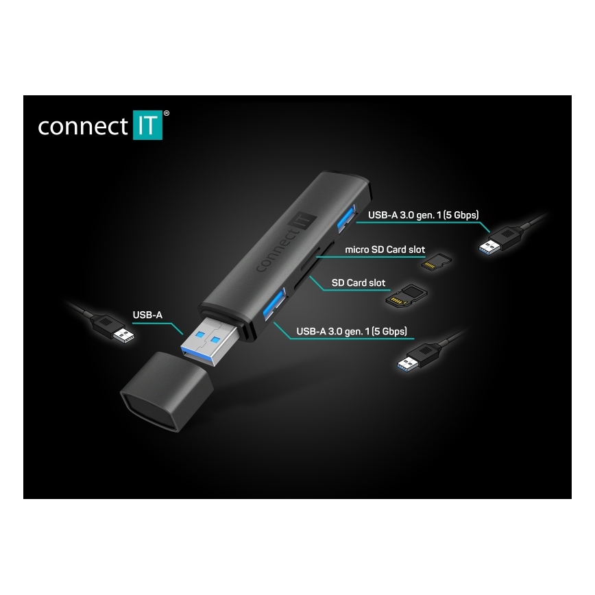 CONNECT IT CHU-4060-AN - USB-A hub sa čitačem memorijske kartice 4u1