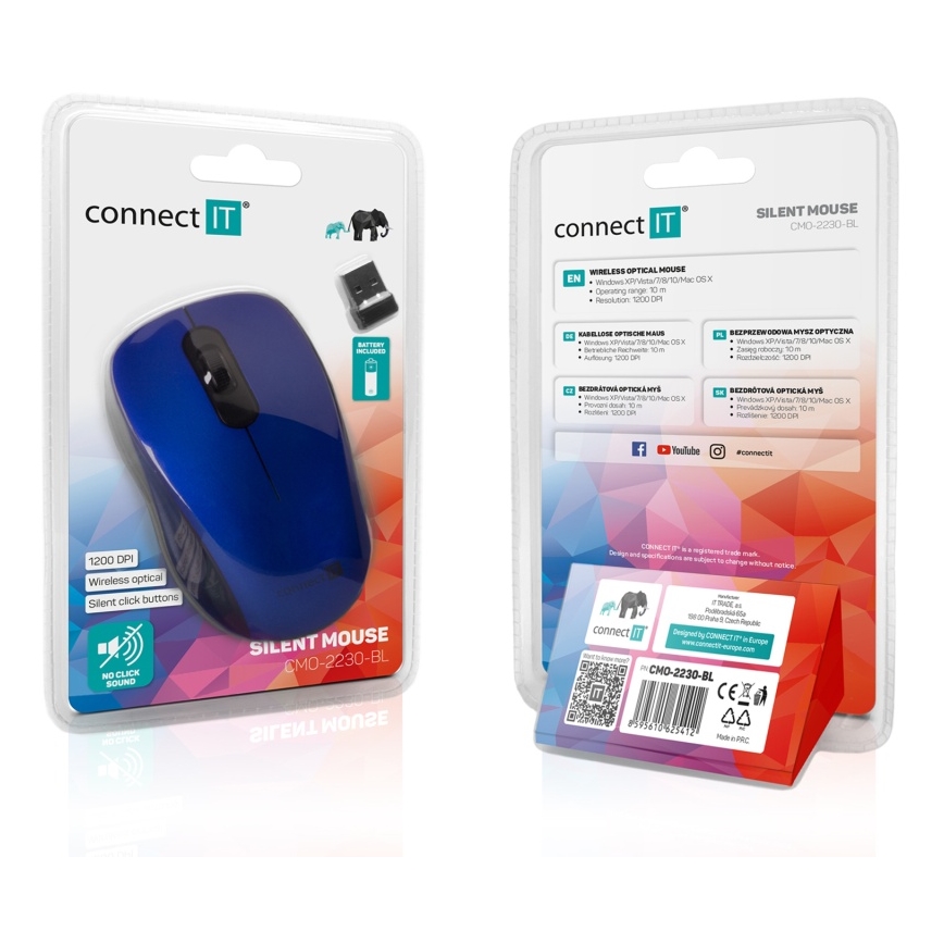 CONNECT IT CMO-2230-BL - Bežični tihi miš MUTE 1200 DPI 1xAA crno/plava