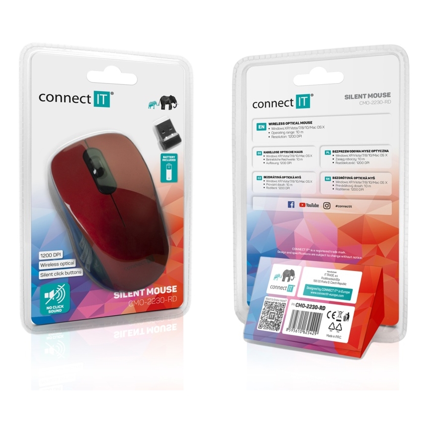 CONNECT IT CMO-2230-RD - Bežični tihi miš MUTE 1200 DPI 1xAA crno/crveno