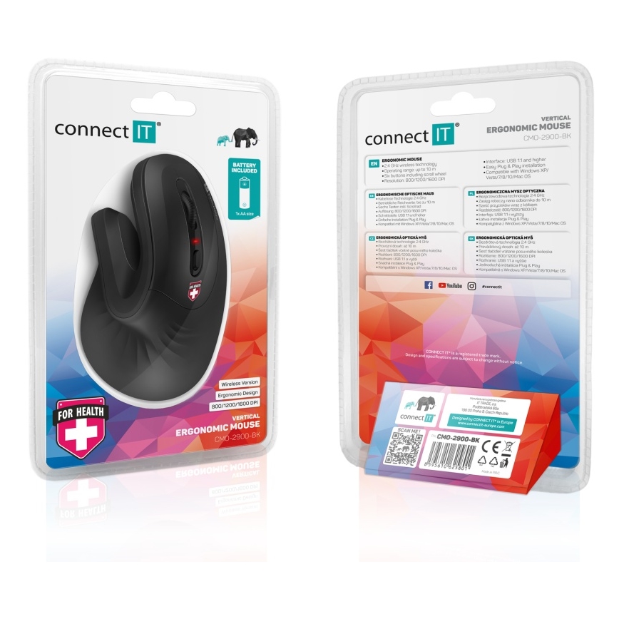 CONNECT IT CMO-2900-BK - Ergonomski bežični miš 800/1200/1600 DPI 1xAA crno